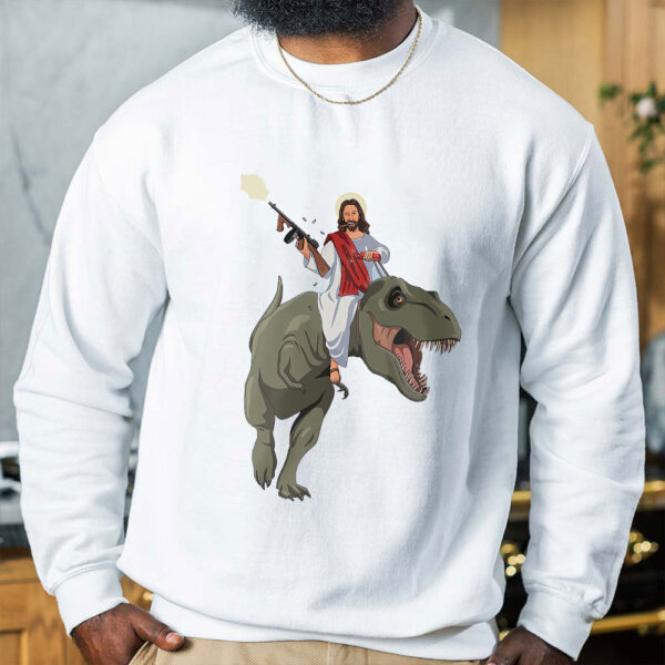 jesus riding a dinosaur sweater